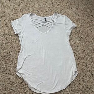 White Short Sleeve Tee with Crisscross Neckline